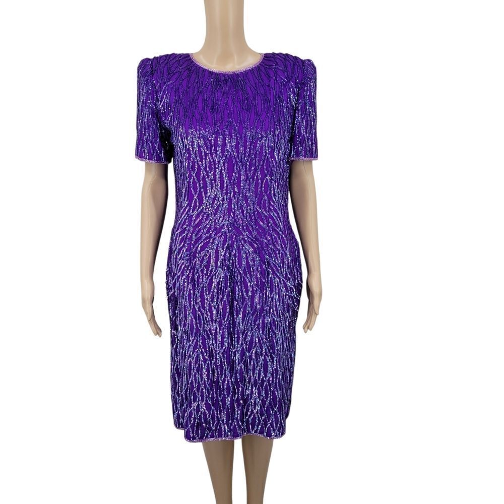 80s Silk Sequin Beaded Dress Purple Women's Midi Cocktail Party Vintage